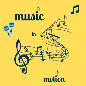 Yellow Square with music staff, music notes and the words Music in Motion