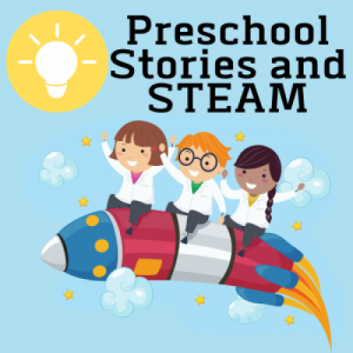Light Blue Square with picture of kids in lab coats on a rocket with the words Preschool stories and STEAM